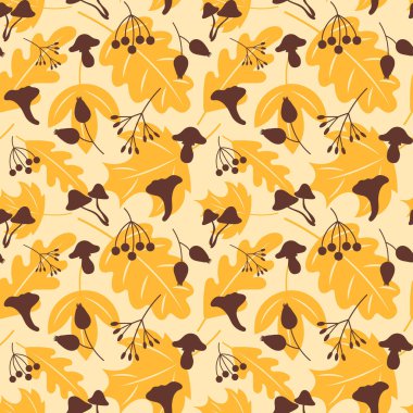 Yapraklı, mantarlı, böğürtlenli ve botanik elementli kusursuz sarı sonbahar deseni. Tekstil, Ambalaj Kağıdı, Duvar Kağıdı ve Mevsimlik El Sanatları için El Yazması Sonbahar Arkaplanı.