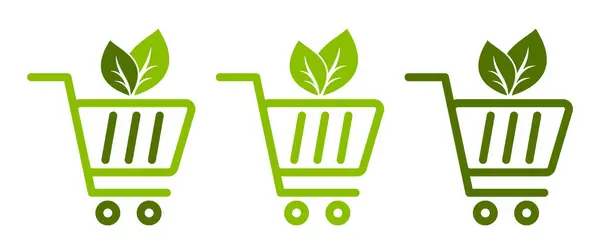 Yeşil yapraklı Eko Alışveriş Aracı Simgeleri. Sürdürülebilir Bakkal Konsepti, Organik Pazar Sembolü, Sıfır Atık Tüketim, Çevre dostu Tasarım Projeleri için Beyaz Arkaplanda Düz Çizgi Simgeleri Seti