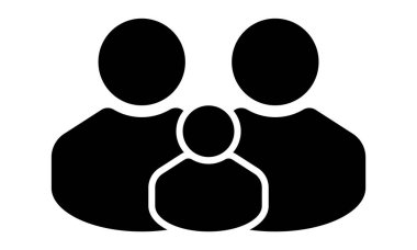 Aile Simgesi Silueti. Basit bir siyah resim, çocuklu bir çifti gösteriyor. Aile, aile ve çocukların minimalist sembolü. Uygulamalar, bilgi grafikleri ve işaretler için ideal.