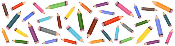 Renkli dağınık kalem afişi. Beyaz arkaplanda izole edilmiş çok renkli kalemlerin parlak çizgi film tarzı çizimi. Eğitim, sanat, okul, yaratıcılık, kırtasiye, tasarım arka planı.