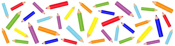 Renkli dağınık kalem afişi. Beyaz arkaplanda parlak gökkuşağı renkleri var. Kırtasiye, çocuk, öğrenme, tasarım kavramları için yaratıcı okul, sanat ve eğitim teması illüstrasyonu