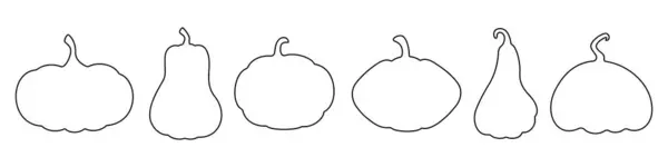 Değişik şekil ve boyutlarda altı adet doğrusal balkabağı çizgisi. Düzenlenebilir felç. Sonbahar hasadı Cadılar Bayramı, Şükran Günü, tarım pazarı, mevsimlik dekorasyon ve tasarım için sebze koleksiyonu.