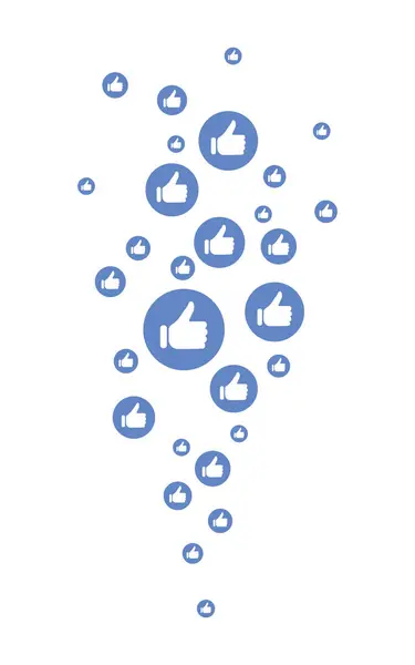 Beyaz arkaplanda dikey bir akıma yerleştirilmiş ikonlar gibi mavi başparmaklar, sosyal medya onayı olumlu geri bildirim konsepti, düz tasarım illüstrasyonu, dijital iletişim çevrimiçi ağ sembolü