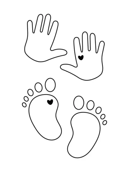Sevimli bebek el izleri ve küçük kalp sembolleri, siyah çizgili sanat silueti olan ayak izleri. Düzenlenebilir felç, bebek avuçlarının ve tabanların bebek odası, aile, ebeveynlik temaları için vektör tasarımı
