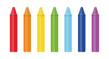 Gökkuşağı renklerinde renkli boya kalemleri, beyaz arka planda izole edilmiş, çizim, okul ve el sanatları için canlı sanat malzemeleri, eğitim ve yaratıcı projeler için basit düz tasarım çizimleri