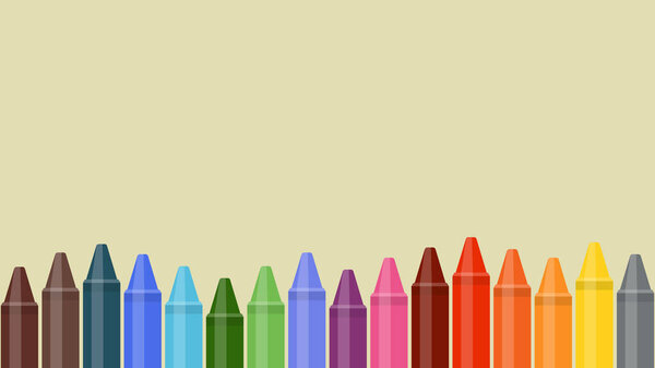 Row of colorful crayons illustration on a light beige background, vibrant wax pencils for school, kids, art, and creative design, perfect for educational materials, drawing projects, craft templates