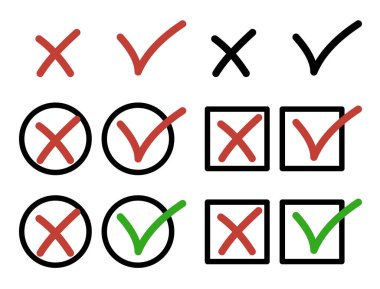 Kutular ve daireler halinde işaretleri ve haçları kontrol edin. Doğru ve yanlış cevaplar kavramı, onay ve red, karar verme, araştırma, oylama, sınav, değerlendirme, kontrol listesi