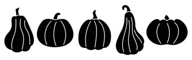 Siyah balkabağı siluetleri. Şükran Günü, Cadılar Bayramı ve sonbahar hasat süsü için sonbahar sebze ikonları koleksiyonu. Basit yassı kabak ve kabak tasarımı izole