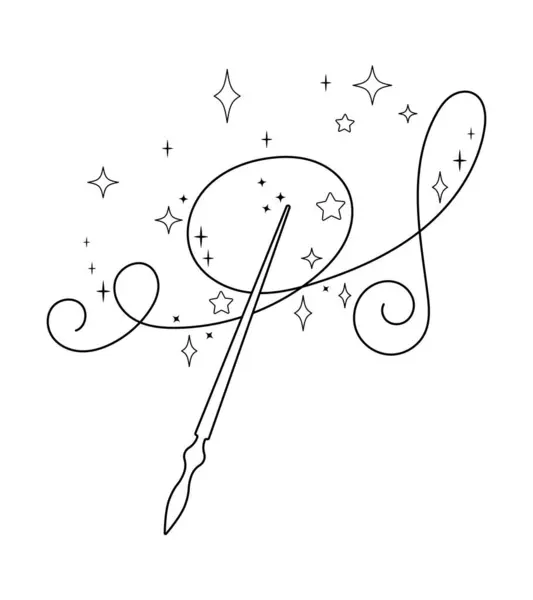 Parlak yıldızlı sihirli değnek ve dekoratif girdaplar. Mistik nesnenin siyah ve beyaz çizimi, fantezi sembolü, sihirbaz aracı, peri masalı unsuru, izole edilmiş büyülü tasarım