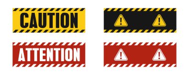 Dikkat ve dikkat uyarı pankartlarında ünlem işareti var. Sarı ve kırmızı çizgili tehlike işaretleri. İnşaat, risk, kaza, acil durum ve tehlike tasarımı için güvenlik uyarısı etiketleri