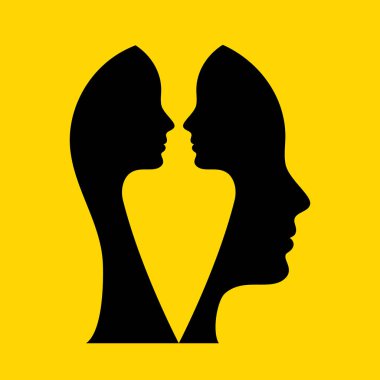 Metafor bipolar akıl hastalığı. İki yüzlü. Kişilik bölünmesi. İçinde gizli yüzler oluşturan iki insan profili, iç çatışmayı, ayrılığı, ikili kimliği, psikoloji kavramını temsil ediyor.