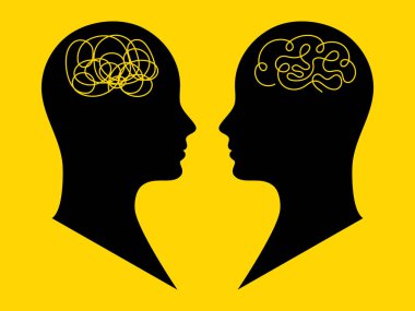 Akıl sağlığı. Çözülme ve beyin. Kafa karışıklığını ve berraklığı simgeleyen soyut beyin çizgileriyle karşı karşıya olan iki insan profili, iletişim, empati, psikoloji ve akıl sağlığı kavramı..