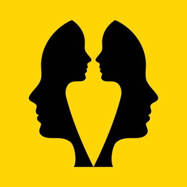 Çift kişilik, çift zihni simgeleyen çift insan yüzünün soyut çizimi. Profillerin gizli figürler, psikoloji konsepti, kimlik, kişilik bölünmesi, iç çatışma oluşturduğu optik yanılsamalar