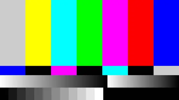 Yayın hatası. Televizyon renk çubukları, gökkuşağı çizgileri ve gri tonlama blokları olan desen ekranını test ediyor. Retro TV sinyali, yayın hatası, sinyal yok, klasik monitör kalibrasyonu