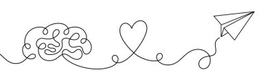 Beyin kalbi ve kağıt uçağın minimalist aralıksız çizimi yaratıcılığı, hayal gücünü ve özgürlüğü simgeliyor. Psikolojik duygular için bir satır sanat konsepti seyahat iletişimi ve hayaller