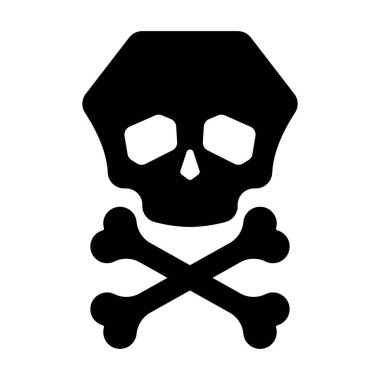 Siyah kafatası ve çapraz kemik ikonu izole edildi. Basit tehlike işareti, zehirli uyarı, korsan sembolü, zehir amblemi. Dikkat, tehlike ve güvenlik tasarımı için asgari silüet çizimi.