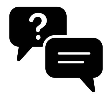 Black chat icon with question mark and message bubble. Simple silhouette design for FAQ, support, communication, conversation, forum, customer service, help, inquiry, answer