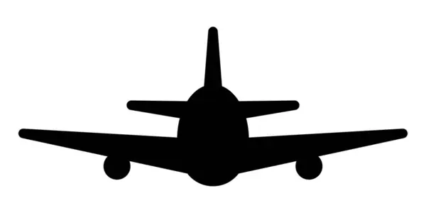 Airplane silhouette front view. Black jet aircraft icon. Simple aviation symbol for travel, flight, airport, airline, journey, vacation, trip, transportation and tourism design