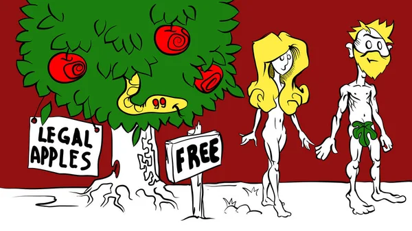 Adam Und Eva Apfelbaum Mit Legalen Und Kostenlosen Apfeln — Stockvektor