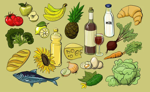 Zdjęcia Jedzenie Napoje Warzywa Owoce Nabiał Olej Wino Ryby Narysowane — Wektor stockowy