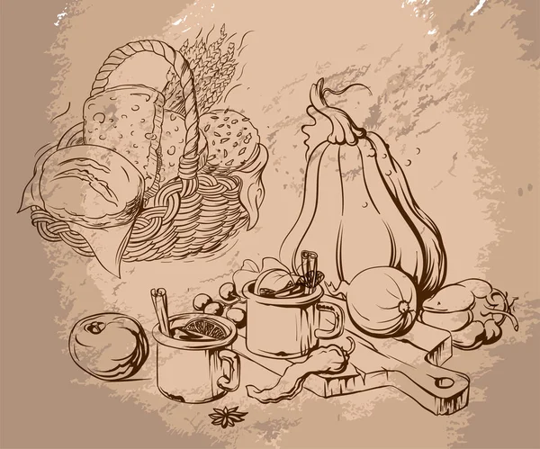ดของภาพของอาหาร ตะกร าขนมป งและย ตอย ของฟ กทอง กไทย และเคร องเทศ — ภาพเวกเตอร์สต็อก