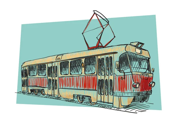 Старый Европейский Украинский Трамвай Нарисованный Вручную Эскиз — стоковый вектор