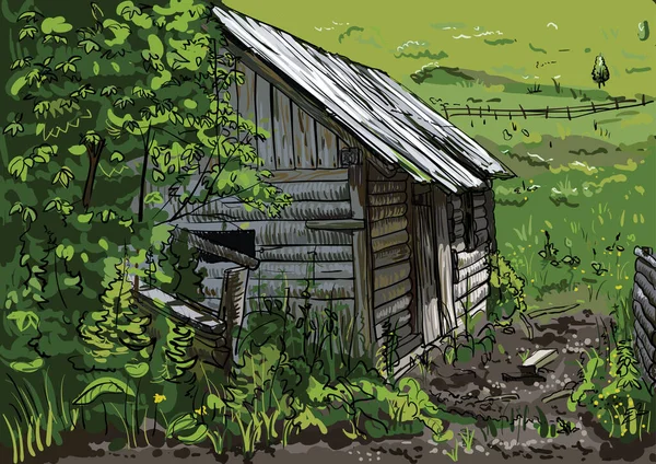 Old Wooden Village House Barn Summer Time Green Landscape Village — Vector de stock