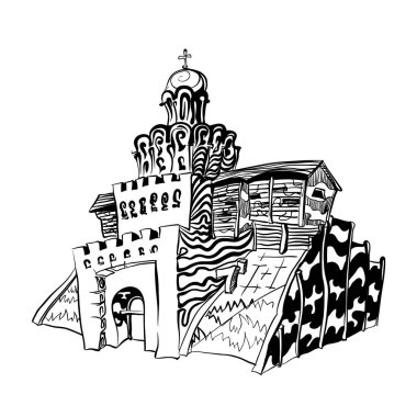 Altın kapılar, şehrin ünlü yeri Kyiv mürekkeple çizilmiş.