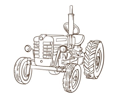 ursus C 4011. Eski model bir traktor elle çizilmiş. Traktor ursus 'un ön görünümü, monokrom çizimi