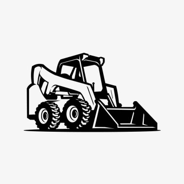 Skid Steer Vektör Tasarımı. Buldozer Silueti Tek Renkli Beyaz Arkaplanda İzole Edildi