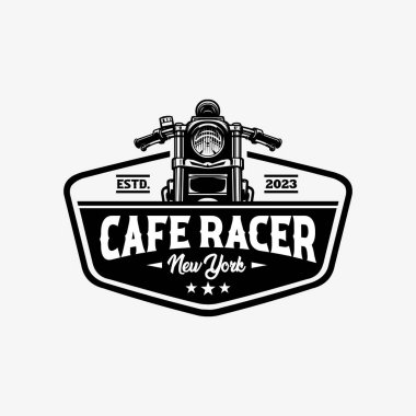 Cafe Racer Amblem Rozet Logo Vektörü Beyaz Arkaplanda izole edildi. Motosiklet Garajı ve Tamirci Logosu için en iyisi