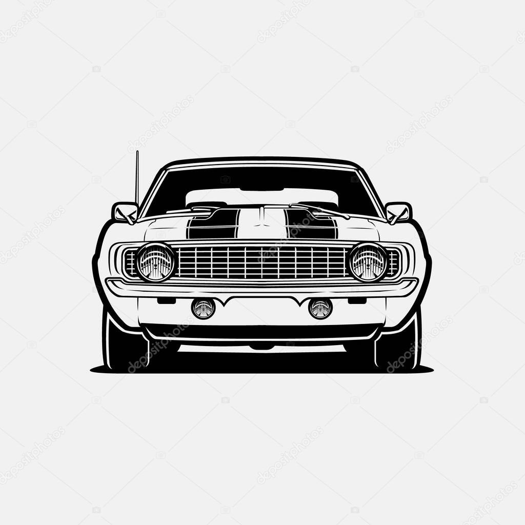 Classic Muscle Car Front View Vector Art Monochrome Silhouette Isolated in White Background