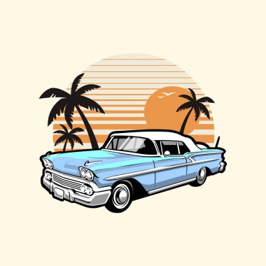 Plajdaki klasik araba Sunset Vibes Vector Art Illustration. Otomotiv Tişörtü Tasarımı İçin En İyi