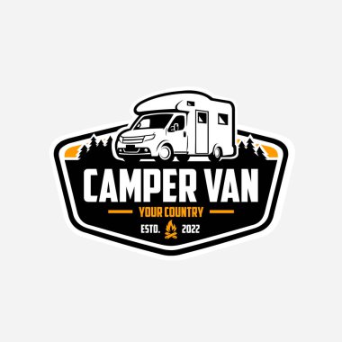 Kamp minibüsü amblem logosu tasarımı. Hazır karavan logosu. Karavan karavan endüstrisi için en iyisi.