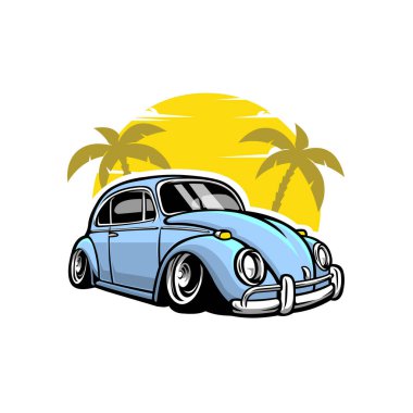 Plajdaki klasik araba ve hindistan cevizi ağacı vektörü illüstrasyonu. Yaz tatili titreşimleri. Tshirt Tasarımı İçin En İyi