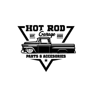 Hot Rod Tamirhanesi Logo Vektörü İllüstrasyonunu Hazırladı. Amblem Rozet Logosu izole edildi. Klasik Araba Garajı ve Mekanik İlişkili Endüstri için en iyisi
