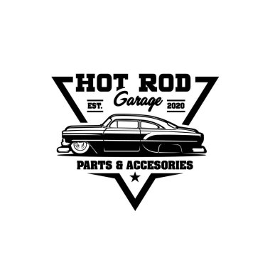 Hot Rod Tamirhanesi Logo Vektörü İllüstrasyonunu Hazırladı. Amblem Rozet Logosu izole edildi. Klasik Otomobil Garajı ve Tamirci İlişkili Sanayi Logosu için en iyisi.