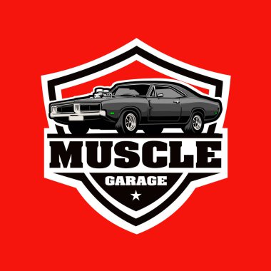 Kaslı araba garajı kırmızı arka planda izole edilmiş amblem logo vektörü hazır. Otomotiv endüstrisi için en iyisi