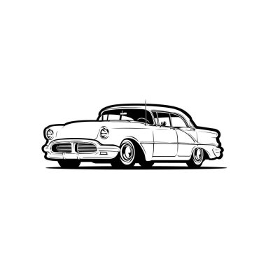 Beyaz arkaplanda izole edilmiş klasik araba silueti tek renkli siyah beyaz vektör çizimi