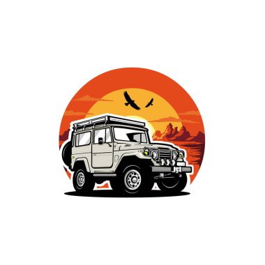 Çöl Vektörü Sanat Çiziminde Klasik Offroad Overland Aracı. Otomotiv Tişörtü Tasarımı İçin En İyi