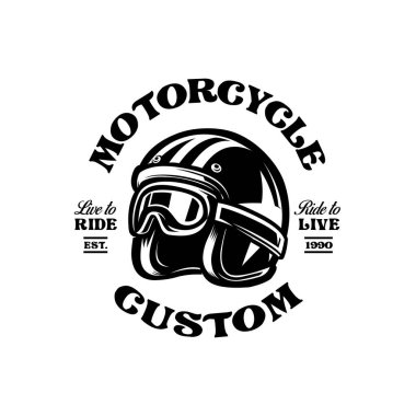 Antika motosikletli özel motosikletli miğfer monokrom logo vektör sanat illüstrasyonu. Otomotiv tişörtü tasarımı için en iyisi