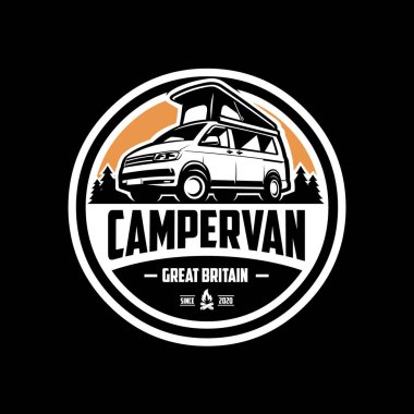 Campervan Hazır Logo Vektör Tasarımı. Yazdırma Şablonu. Kampervan Karavan Karavan Endüstrisi için en iyisi