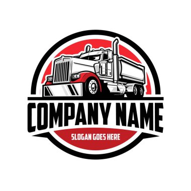 Kamyon şirketinin logosunu boşalt. Rozet çemberi vektörü izole edildi. Logo şablonu hazır. Taşımacılık ve taşımacılık sektöründe en iyisi