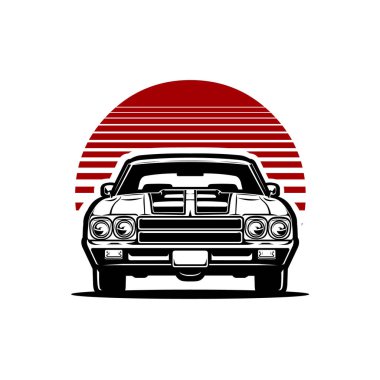 Kaslı araba ön görüş vektör çizimi kırmızı arkaplanda izole edildi. Otomotiv tişörtü tasarımı için en iyisi