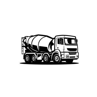 Beton karıştırıcı kamyon taşıyıcısı, çimento karıştırıcı, inşaat kamyonu silueti izole edildi. Endüstriyel logo için en iyisi