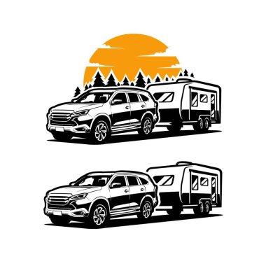 SUV Çekici Karavan Vektör Sanat İllüstrasyonu. Otomotiv Aktivitesiyle İlgili Yazdırma Tasarımı İçin En İyi