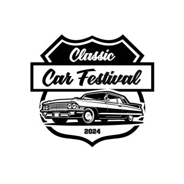 Klasik Araba Festivali Amblem Vektörü. Kaslı Araba Tarafı Görünümü Logo Vektörü İllüstrasyonu. Vintage Otomotiv İlgili Endüstrisi İçin En İyi