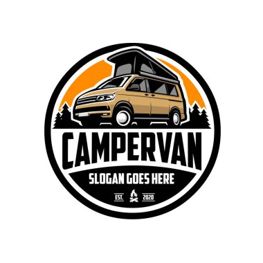 Campervan Karavan Karavan Karavanı Amblem Vektörü izole edildi. Kamp Logosu Tasarımı İçin En İyisi