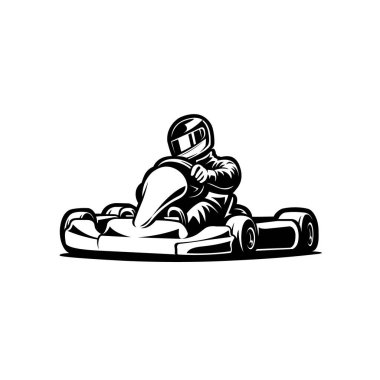Araba yarışı vektörü izole edildi. Tek renkli karting sürücüsü silueti çizimi