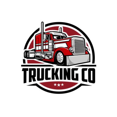 Amerikan yarı kamyon logo taşıyıcısı. 18 tekerlekli yük amblemi vektör çizimi izole edildi. Nakliye ve taşımacılık endüstrisi için en iyisi.